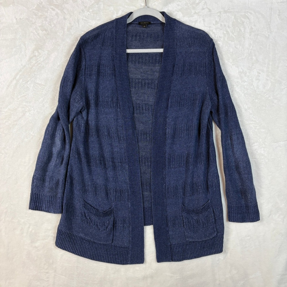 Talbots‎ Cardigan Women L Blue Good 100% Linen Open Front Shadow Stripe Pockets